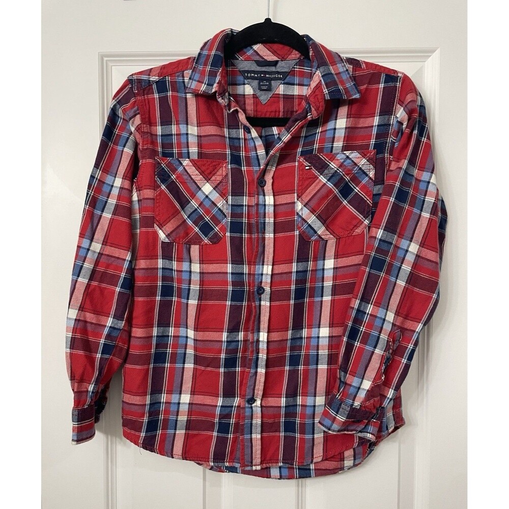 Tommy Hilfiger Boys M Red/Blue/White Plaid Flannel Button-Up Preppy(12/14)